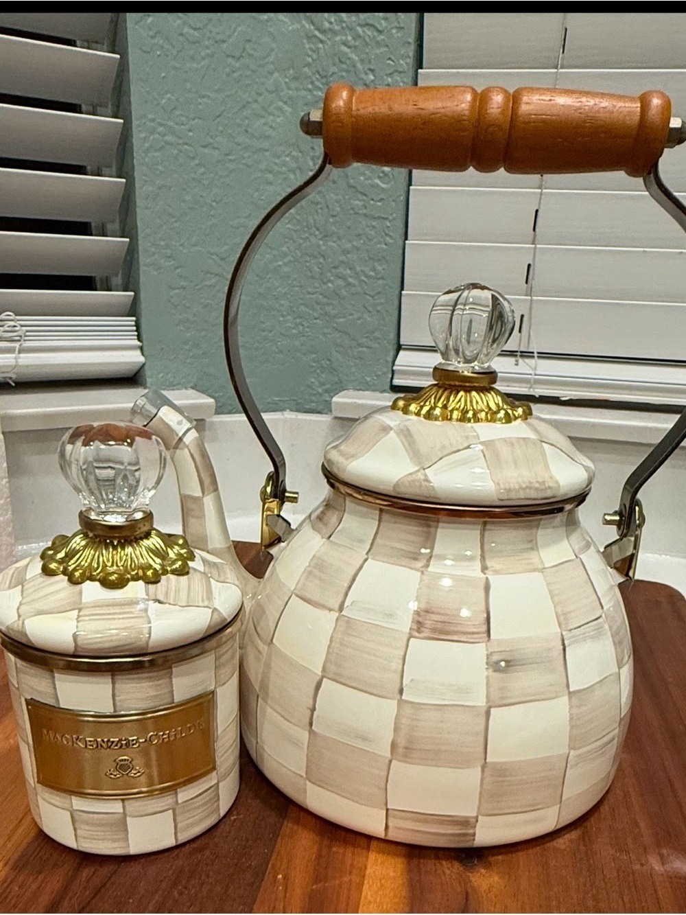 MacKenzie-Childs Mocha  Check Teapot and Mini Canister Set New